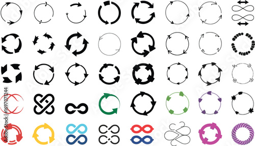 Collection of diverse circular arrow and infinity loop icons symbolizing process and continuity
