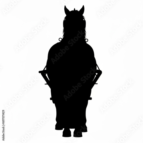 Silhouette of horse with harness facing forward in a symmetrical composition on a white background created with generative ai