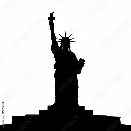 Silhouette of the statue of liberty holding a torch and a book on a pedestal against white background created with generative ai