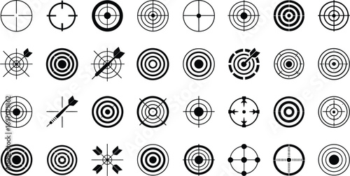 Collection of diverse target icons and crosshair symbols representing accuracy and focus.