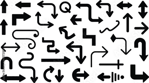 Diverse collection of black directional arrows in various shapes and styles on a white background