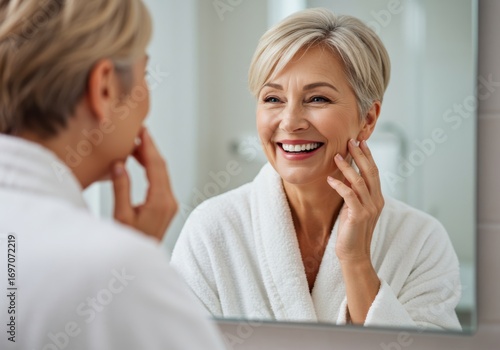 Smiling woman admiring herself in the mirror