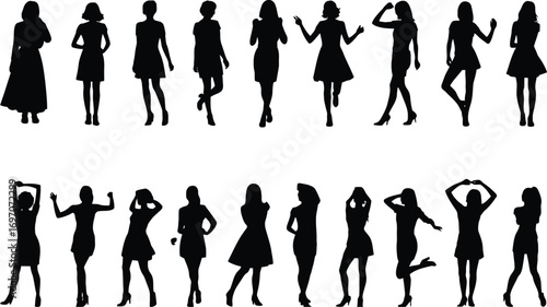 Collection of diverse female silhouettes in various poses and styles, showcasing individuality and fashion.