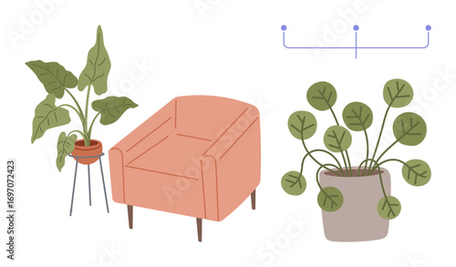 Pink armchair flanked by potted greenery, showcasing harmonious indoor styling. Ideal for home d cor, minimalism, nature, relaxation, indoor greenery, eco-lifestyle furniture arrangement. Simple