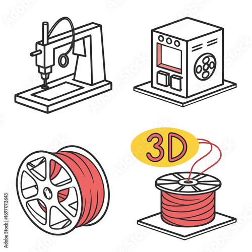 Isometric icons of 3d printing technology and filament spools