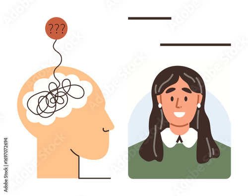 Human head with tangled line and question marks symbolizing confusion next to a smiling woman. Ideal for mental health, therapy, decision-making, self-care, stress relief, emotional support