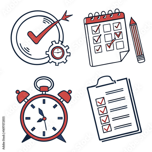 Time management icons clock, calendar, checklist, target, and gear