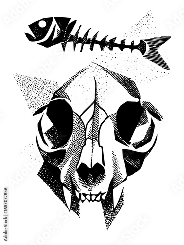 Vector Cat skull and fishbone combines morbid and natural elements.