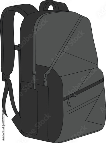 Grayscale backpack, multiple compartments, adjustable straps, front pocket, side pocket, ergonomic design, travel gear, school bag, outdoor accessory, durable material