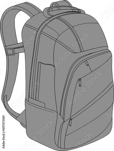 Line drawing backpack, multiple compartments, padded straps, zipper pockets, ergonomic design, travel gear, school bag, grayscale illustration, durable structure