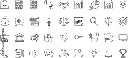 Big collection of business and finance icons, minimal line style vector illustration of money, office payment, bank communication and accounting elements, perfect for web and infographic use