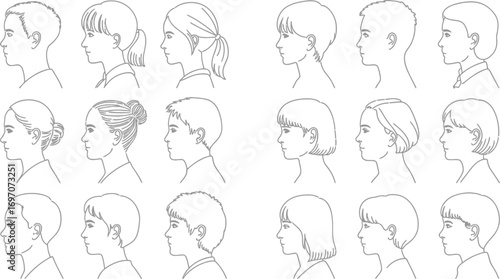 Diverse collection of hand-drawn profile sketches of people's faces, showcasing various hairstyles and ages.