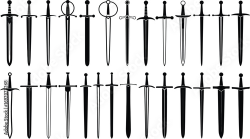 Collection of diverse medieval swords, showcasing various hilt designs and blade shapes.