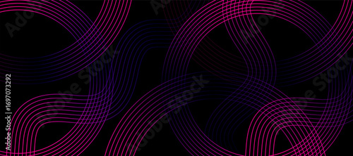 Abstract Neon Curved Line Pattern Background. Seamless Graphic Vector Design with Overlapping Magenta and Purple Glow on a Dark Backdrop. Futuristic Technology Wallpaper