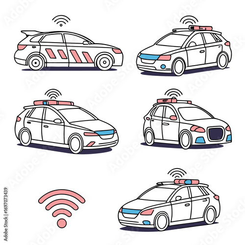 Five outline drawing of cars with police light and wifi signal