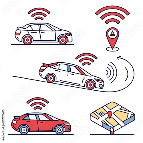 Connected car concept with navigation and wifi signals