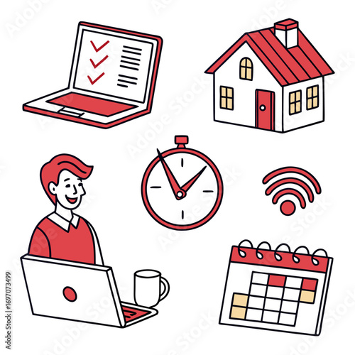Work from home concept with laptop, house, clock, calendar, and wifi signal