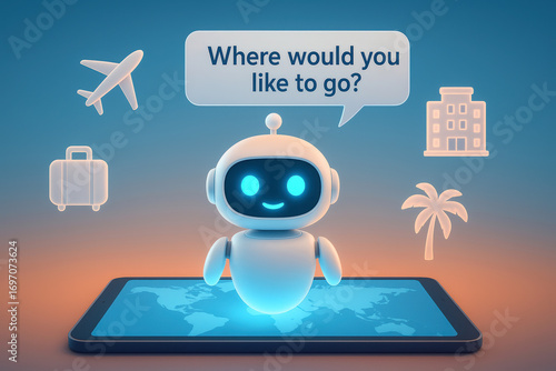 Friendly chat bot AI Travel Assistant on Tablet:  Planning Your Next Adventure