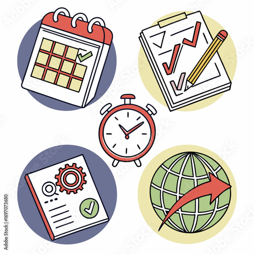 Business planning icons calendar, clipboard, clock, globe, gears