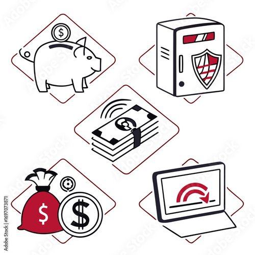 Collection of line art icons for finance and savings