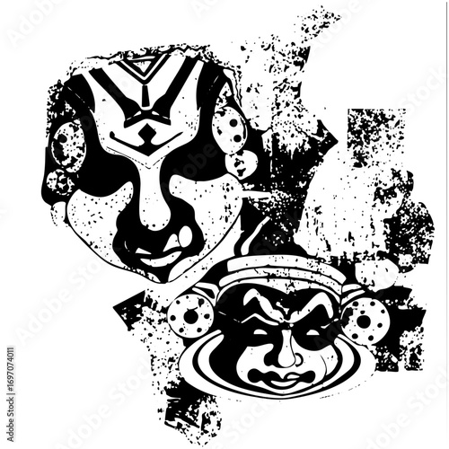 Vector Dramatic masks features stylized faces with bold shapes and textures.