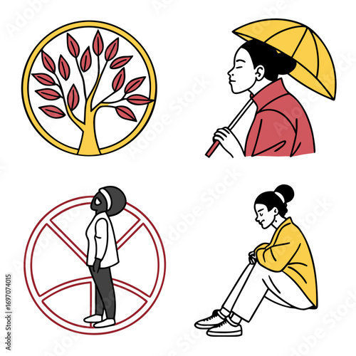 Set of four stylized illustrations with nature and people elements