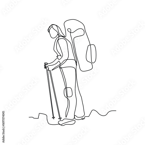 Continuous line drawing of woman hiking mountain hill wearing backpack. Single line art of traveler with bag. Vector illustration editable stroke