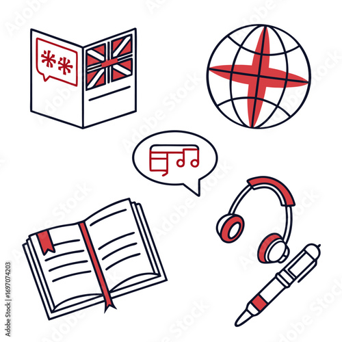 Drawn icons for language education, including books and headphones
