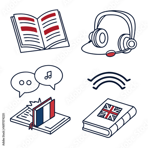 Collection of doodle icons representing language study