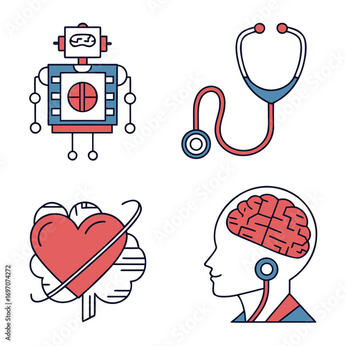 Robot, stethoscope, heart, and brain icons in medical technology theme
