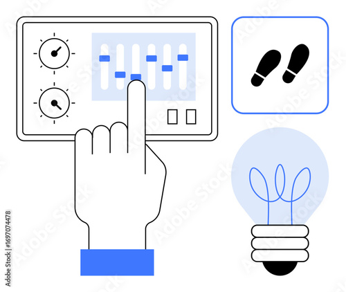 Hand interacting with control panel featuring sliders and knobs, footprints suggesting movement, and lightbulb symbolizing innovation. Ideal for creativity, automation, energy, process, workflow
