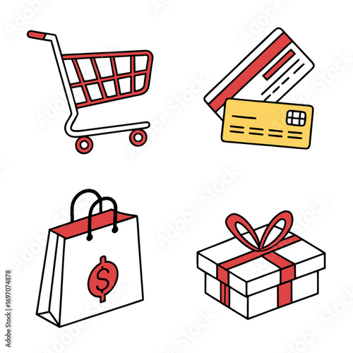 Shopping cart, shopping bag, gift box, and credit cards