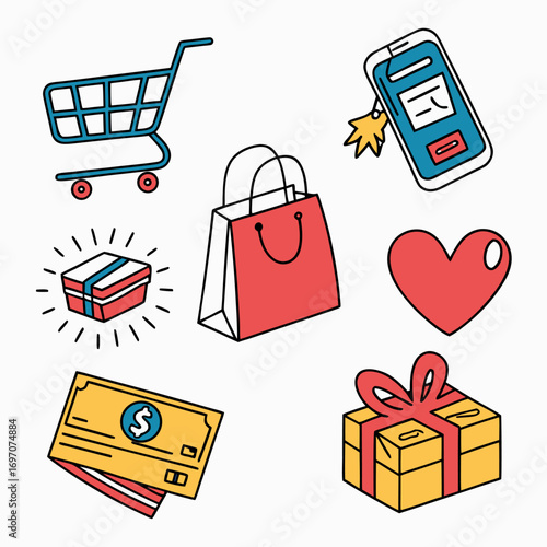 Shopping cart, shopping bag, gift box, credit card, and phone