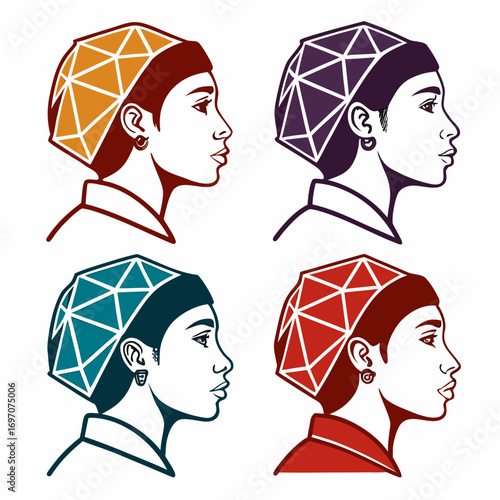 Four colorful geometric headscarf portraits of a woman