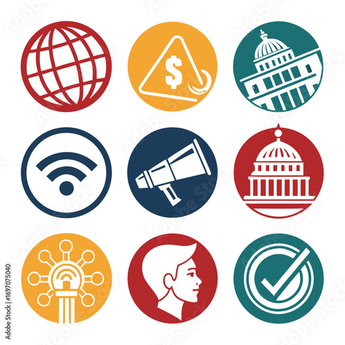 Set of circular icons representing technology, government, and communication
