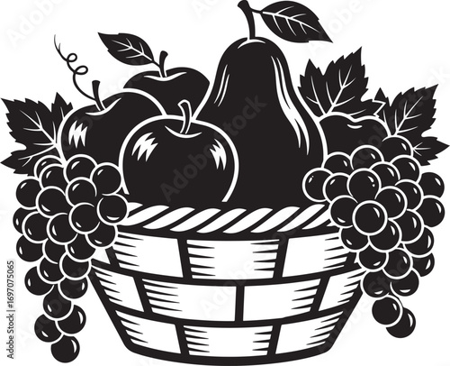 Black and white fruit basket vector illustration with apples pear and grapes