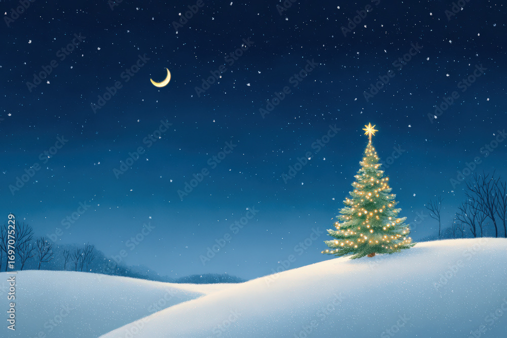 Naklejka premium captivating christmas landscape unfolds beneath starry sky featuring lone christmas tree adorned with shimmering
