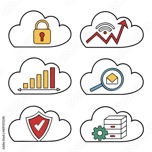 Cloud computing icons with security, growth, and data storage