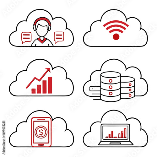 Cloud computing icons with technology and business symbols