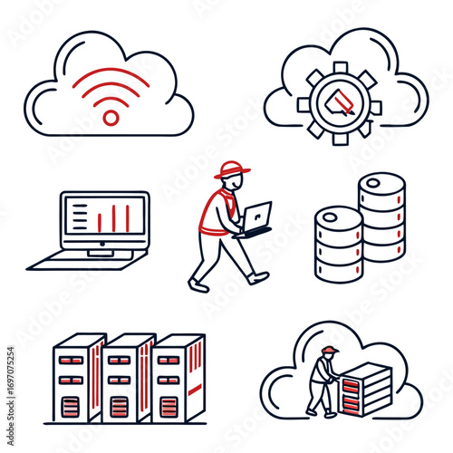 Cloud technology and data center icons with people and equipment