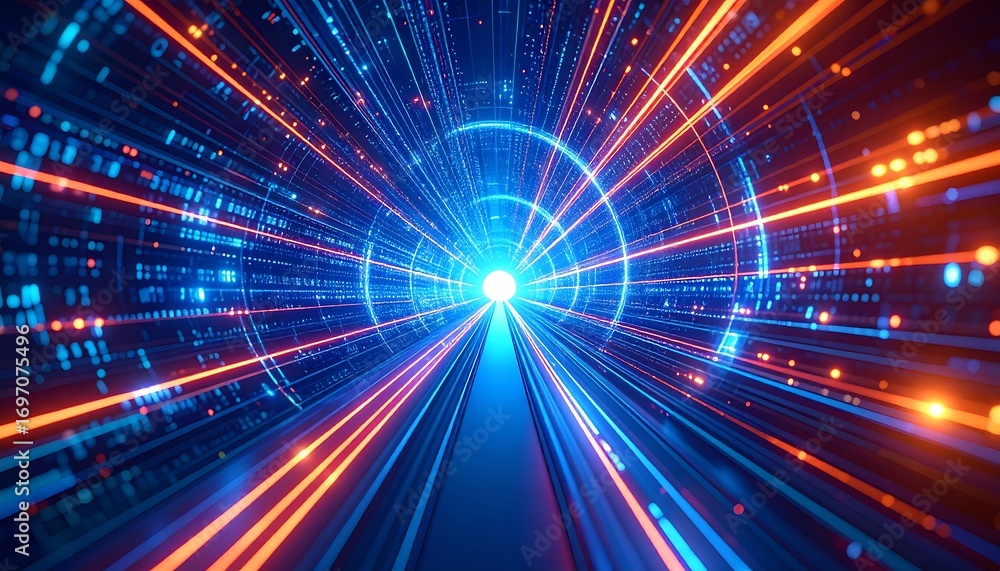 Naklejka premium Digital tunnel with glowing lines and circular patterns