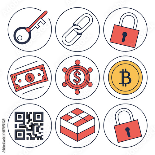 Collection of flat design icons for security and digital transactions