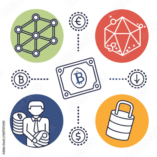 Flat design icons related to cryptocurrency and digital finance