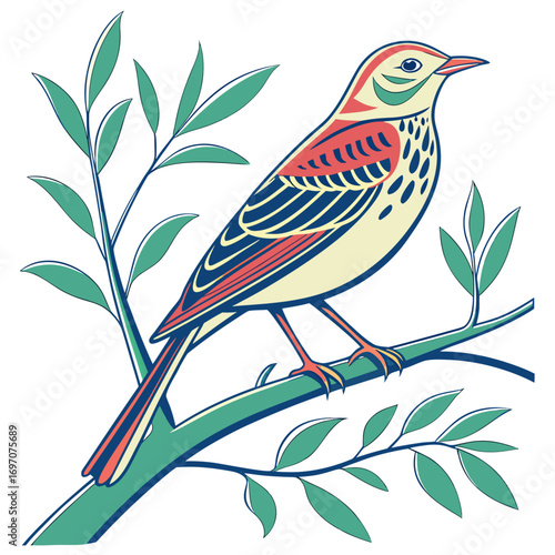 Bird with colorful plumage perched on a branch with leaves