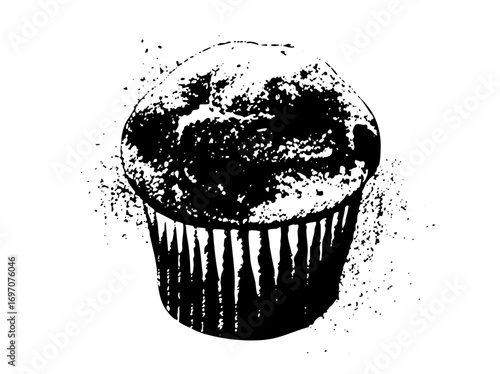 Vector Black and white of a textured cupcake in a paper liner.