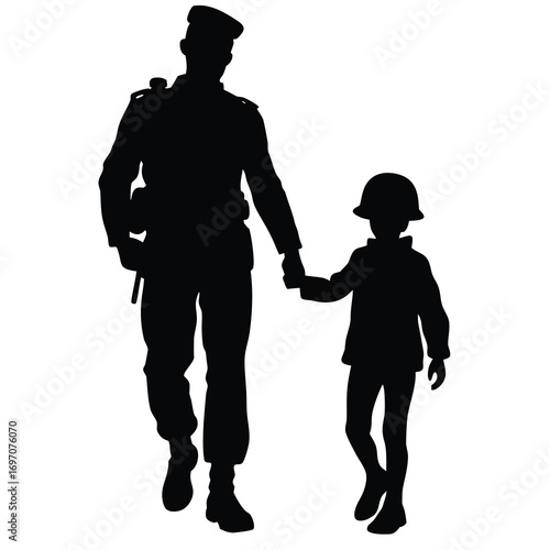 Silhouette of Soldier Holding Hands with Child Wearing Helmet Walking Forward vector illustration