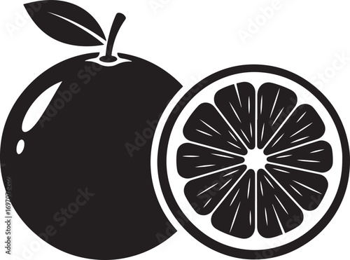 Black and White Orange Vector Illustration Featuring a Whole Fruit and a Slice Design