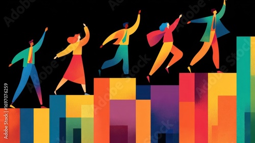 Colorful illustration showing five diverse figures ascending steps towards success