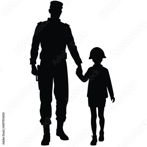 Silhouette of Soldier Holding Hands with Child Wearing Helmet Walking Together vector illustration