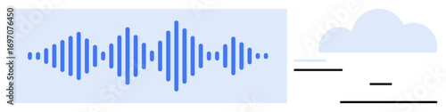 Blue soundwave graphic, cloud icon, minimalist lines. Ideal for audio innovation, sound analysis, speech recognition, cloud storage, data processing, tech branding simple landing page